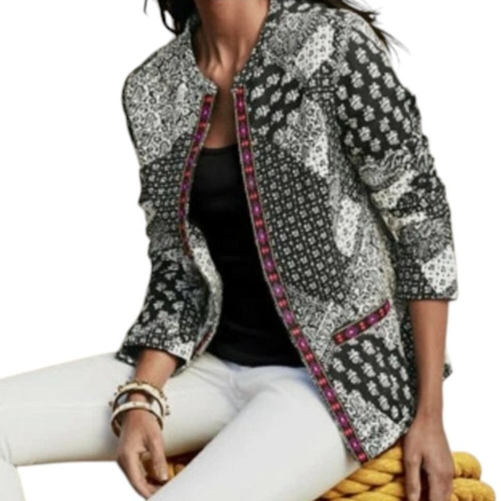 Indikka NY Women's Sz L Cotton Blazer Black White Embroidered Open Front Jacket